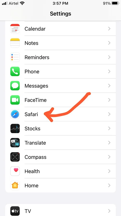 choose safari from iphone settings