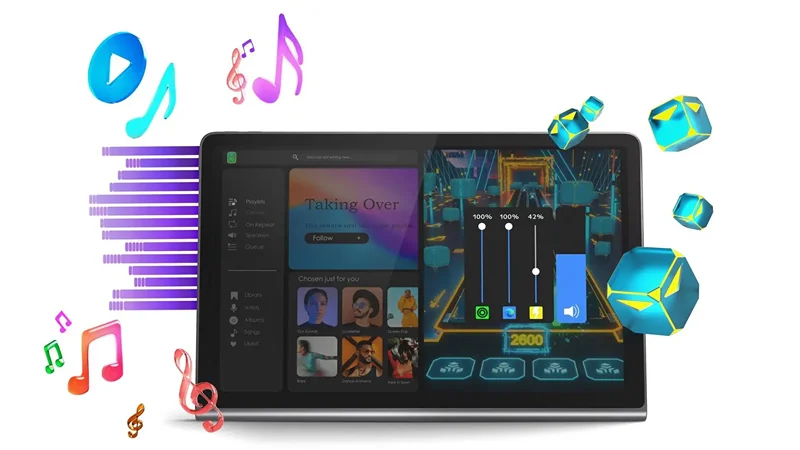 Lenovo Tab Plus displaying music and gaming apps on its 11.5-inch 2K screen, surrounded by colorful musical notes and graphics, highlighting its superior audio and visual capabilities.