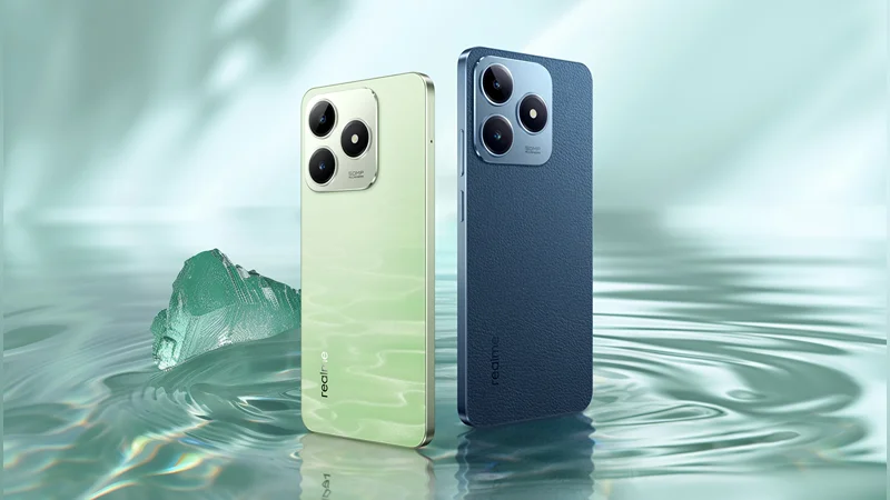 Two RealMe C63 smartphones displayed against a serene, water-like background. One phone is in Jade Green and the other in Leather Blue. Both phones feature a stylish, modern design with prominent rear camera modules. The Jade Green phone has a glossy finish, while the Leather Blue phone has a textured finish.