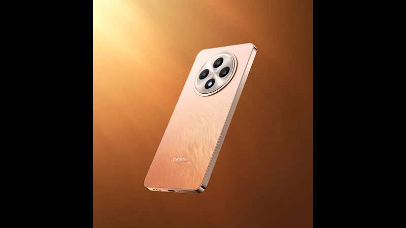 The Oppo Reno 12F 5G smartphone in a sleek, glossy orange finish, showcasing its triple rear camera setup and modern, stylish design against a warm gradient background.