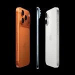 Three Apple iPhone models displayed side by side from the Apple September 2025 event: iPhone 17 Pro Max, iPhone Air, and iPhone 17.