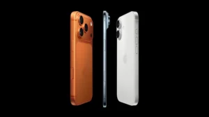 Three Apple iPhone models displayed side by side from the Apple September 2025 event: iPhone 17 Pro Max, iPhone Air, and iPhone 17.