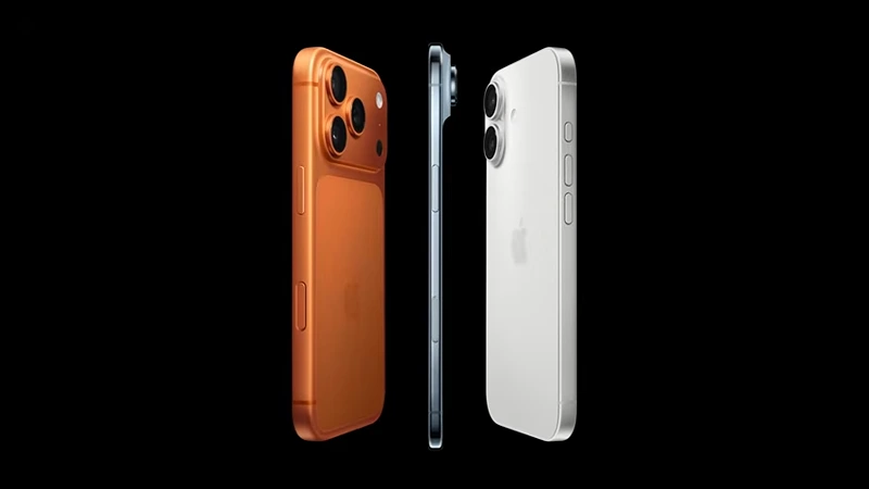 Three Apple iPhone models displayed side by side from the Apple September 2025 event: iPhone 17 Pro Max, iPhone Air, and iPhone 17.